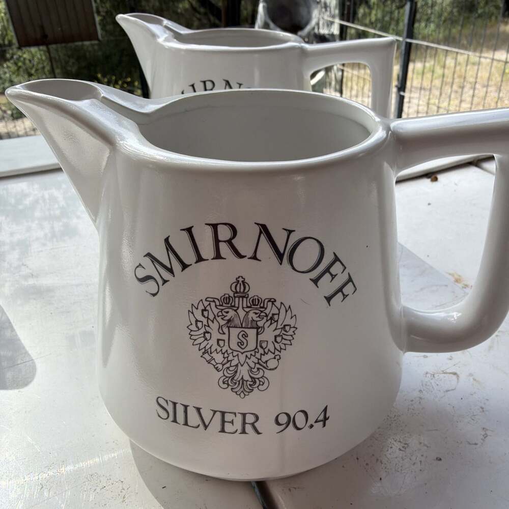 2-Smirnoff Silver 90.4 Vodka PITCHER 4.5"H ceramic jug barware 22 ounces Party